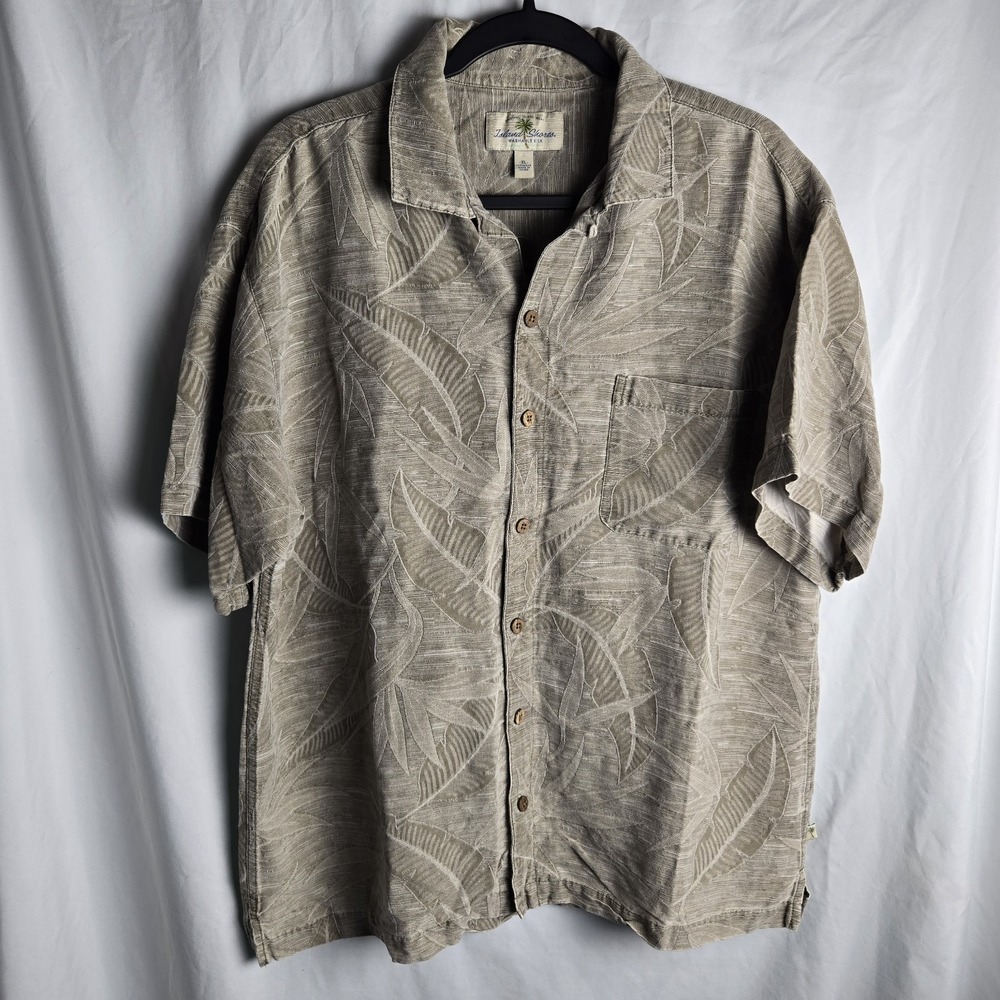 Vtg‎ Island Shores Washable Silk Tonal Hawaiian Shirt Mens XL Taupe Cabana Camp